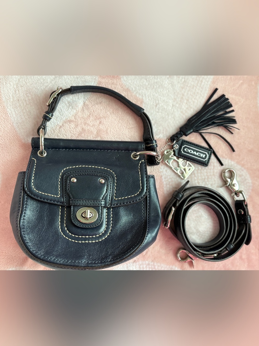 Coach Mini Legacy Willis Navy Leather Small Bag Satchel with Tassel Charm